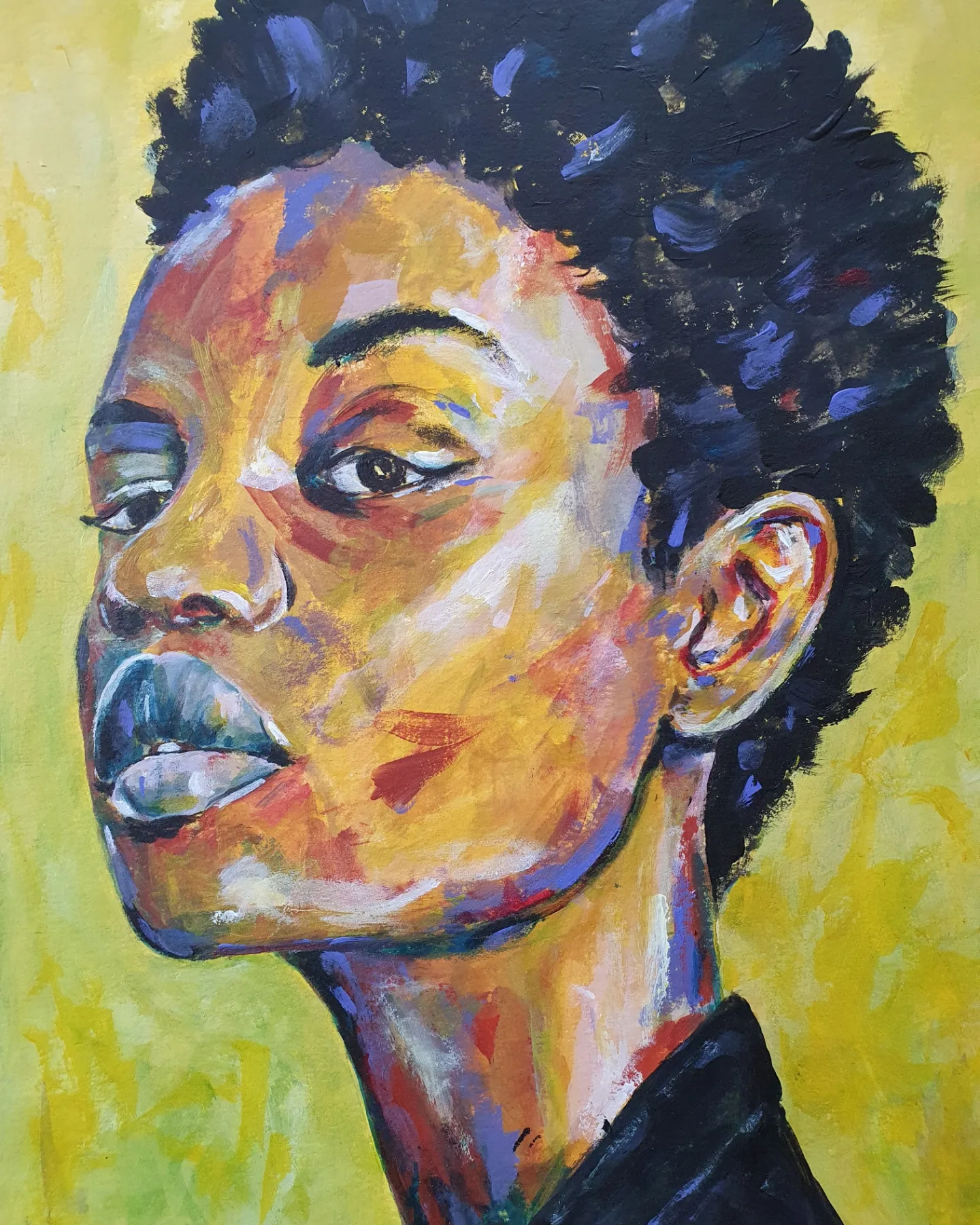 Gemaltes Portrait auf einer Leinwand - Frau beobachtet die Welt